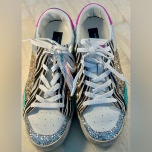 CRIME London Women's Zebra Glitter Sneakers, distressed style, size 38